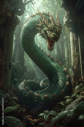 Majestic Serpentine Dragon in Ancient Jungle Ruins – Fantasy Creature Artwork