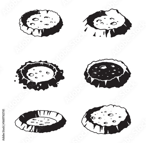 Hand drawn illustration of multiple stylized moon craters or lunar landscapes in grayscale