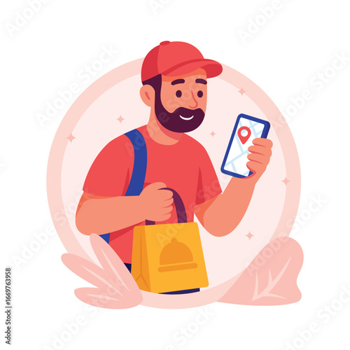 Bearded courier shows order confirmation on mobile delivery app.