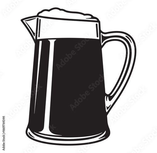 Illustration of a classic black and white beer pitcher filled with foamy dark beer.