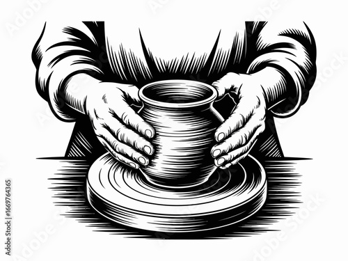 Hands shaping clay on a potter's wheel, creating a ceramic vessel in a skilled craft illustration.