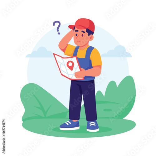 Confused courier looks at the wrong map searching for delivery location.