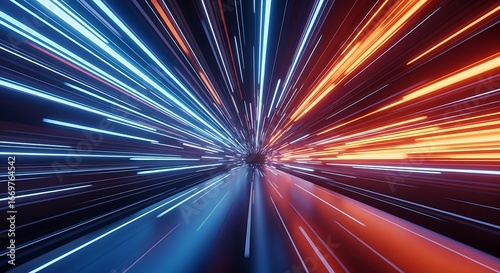 Abstract light trails creating a sense of speed and motion in a tunnel