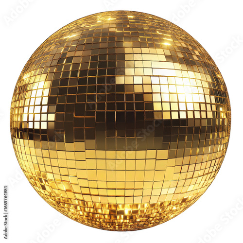 Golden disco ball with reflections isolated on transparent background