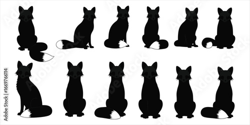 Black Fox Silhouettes Sitting and Standing with White Tail Tips Keywords: fox, foxes, silhouette