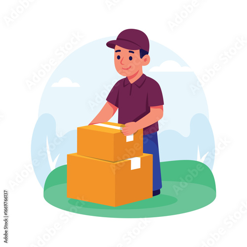 Courier organizes and stacks cardboard delivery boxes safely.