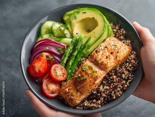 Minimalist flat lay of colorful healthy food bowl