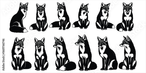 Collection of Black and White Fox Silhouettes in Sitting Poses animal wildlife