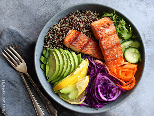 Minimalist flat lay of colorful healthy food bowl