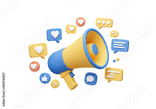 Isolated megaphone with social media icons for digital marketing and advertising tools