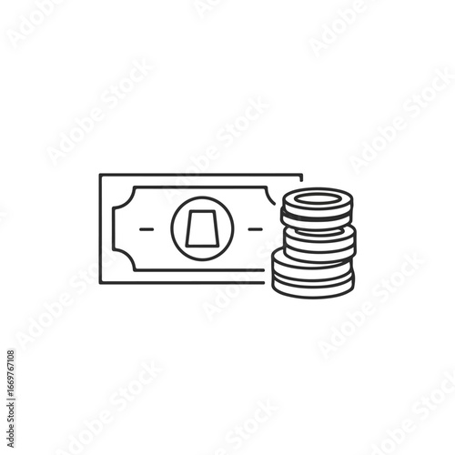 Illustration of a simple line drawing of a banknote and a stack of coins