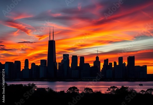 Iconic Chicago skyline silhouette against a vibrant sunset, building, great lakes