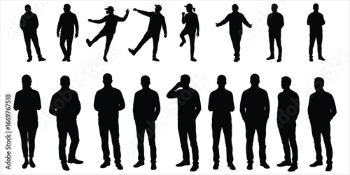 Collection of diverse male and female human silhouettes in various poses people woman