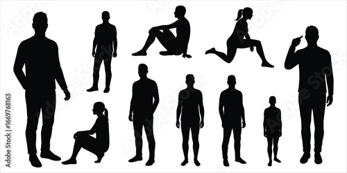 Collection of male and female silhouettes in casual and active poses people woman