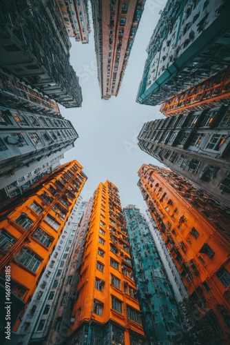 Urban cityscape view looking up at densely packed high-rise buildings