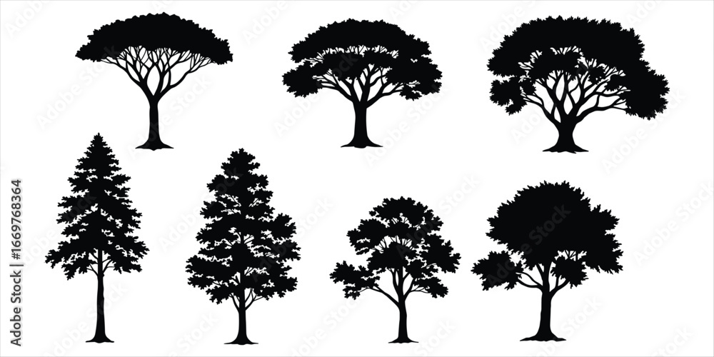 Fototapeta premium Diverse Black Tree Silhouettes with Full Foliage on White Background trees nature