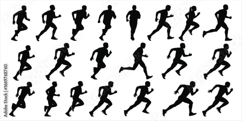 Diverse Group of Runners in Motion Sequence on White Background Keywords: running, runners, people