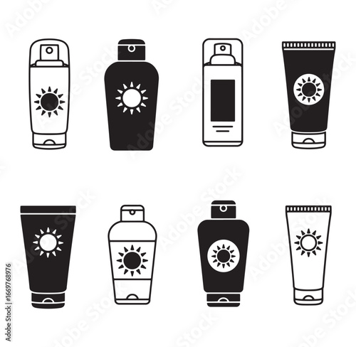 Vector illustration of various sunscreen bottles and tubes in black and white design