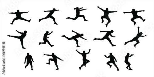 Dynamic male athlete silhouettes in various jumping and running poses vector illustration