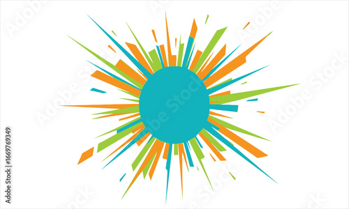 Vibrant abstract burst with a central teal circle and radiating orange and green lines on a white background