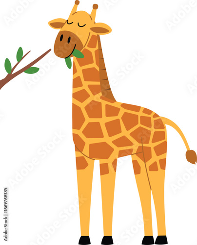Friendly Giraffe with Pattern Character, Cute Giraffe Cartoon, Funny Cheerful Giraffe Eating Leaves Branch illustration