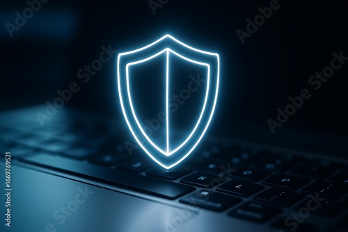 Glowing neon shield symbol over a dark keyboard