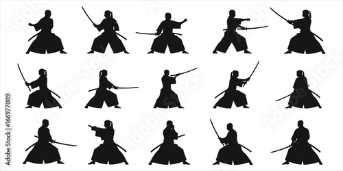 Fifteen black silhouettes of samurai warriors with swords on white background martial arts katana