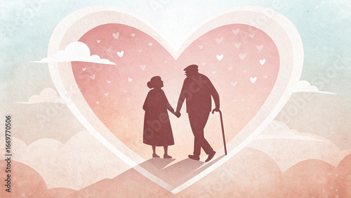 Elderly Couple Holding Hands in Heart Shaped Scene