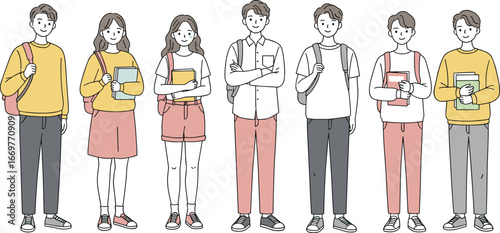 Group of students standing with books and backpacks, diverse learners cartoon illustration, academic concept, school and college education vector on clean white background