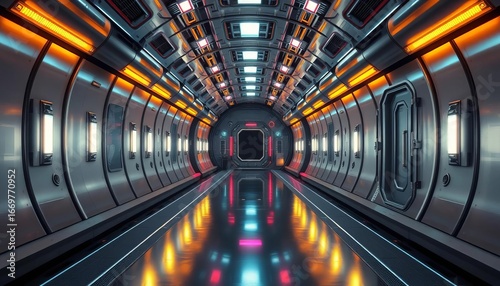 Long, cylindrical space station corridor with metallic walls and glowing lights,  clean,  empty