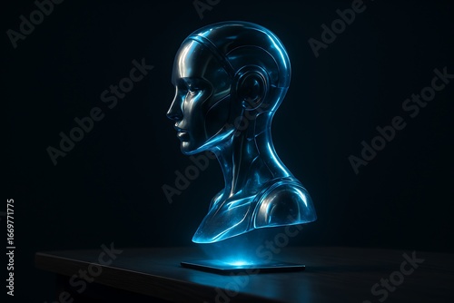 Futuristic transparent robot head with glowing blue accents