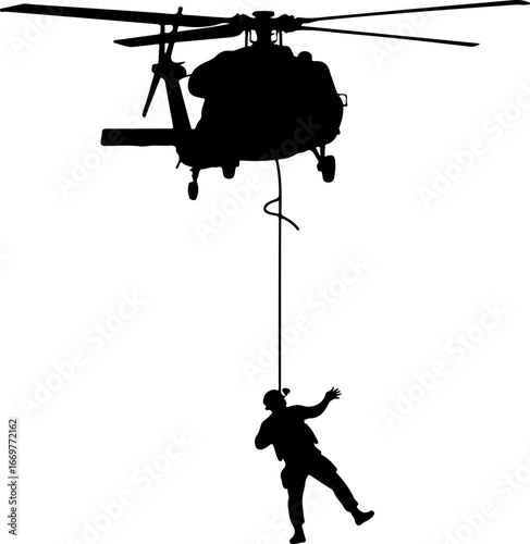 "Military Helicopter Rappelling Operation"

"Soldier Descending from Helicopter in Action"

"Tactical Insertion via Helicopter Rope"