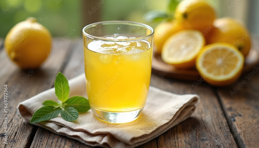 Fototapeta premium Glass of refreshing lemon juice with ice and mint on rustic wood table. Whole lemons and slices in background. Healthy homemade citrus beverage, organic summer drink, perfect for detox and wellness.