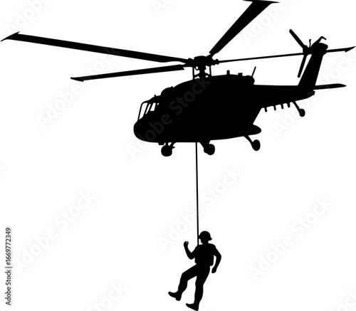 "Military Helicopter Rappelling Operation"

"Soldier Descending from Helicopter in Action"

"Tactical Insertion via Helicopter Rope"