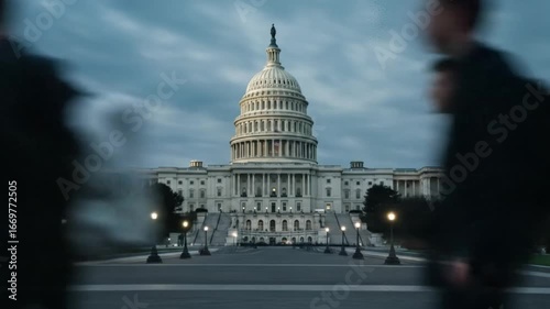 United states capitol building with blurred figures walking in front on a cloudy evening in washington dc
