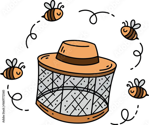 Beekeeping hat with bees cute illustration apiculture farm nature hobby vector