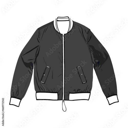 A realistic, high-quality photo of a stylish men’s jacket. The jacket is dark navy blue with a sleek, modern design. It has a front zipper, two side pockets with zippers, and elastic cuffs at the wris