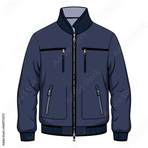 A realistic, high-quality photo of a stylish men’s jacket. The jacket is dark navy blue with a sleek, modern design. It has a front zipper, two side pockets with zippers, and elastic cuffs at the wris