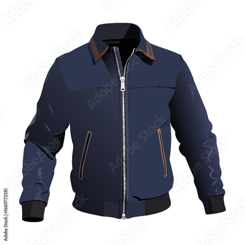A realistic, high-quality photo of a stylish men’s jacket. The jacket is dark navy blue with a sleek, modern design. It has a front zipper, two side pockets with zippers, and elastic cuffs at the wris