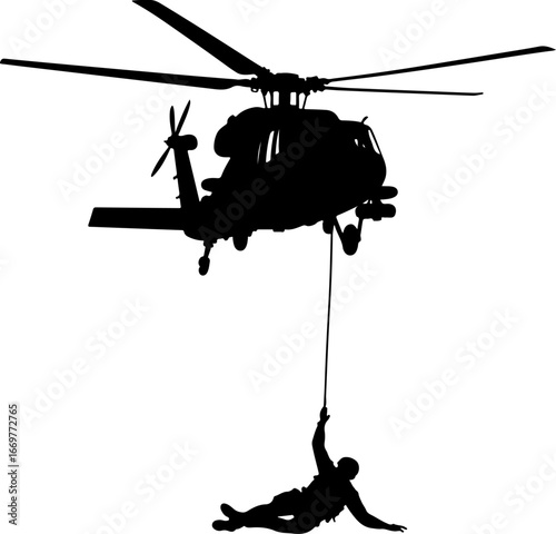 "Military Helicopter Rappelling Operation"

"Soldier Descending from Helicopter in Action"

"Tactical Insertion via Helicopter Rope"