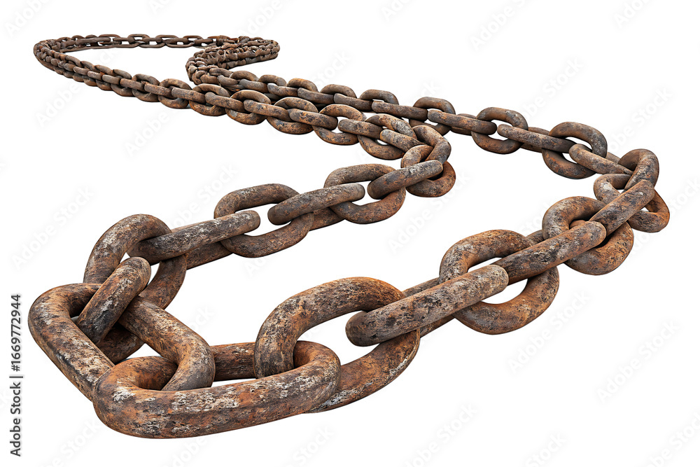 Fototapeta premium Rusty Metal Chain Links Curved weathered isolated on a transparent background