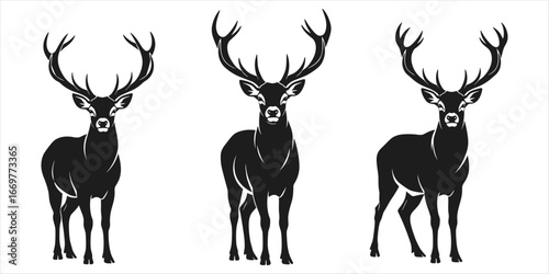 Three black silhouette illustrations of majestic stags with large antlers deer animal