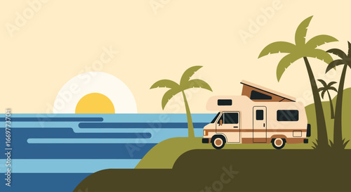 A minimalist illustration of a camper van parked on a coastal bluff at sunrise. Palm trees frame the serene ocean view, evoking a sense of peaceful adventure and the freedom of van life.