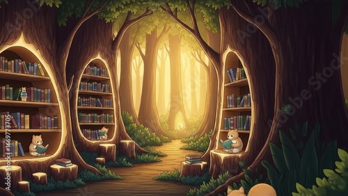 Enchanting forest library with whimsical squirrels reading books in tree bookshelves