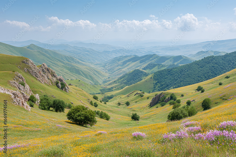 Fototapeta premium breathtaking summer landscape in one of countries with blooming meadows filled with wildflowers