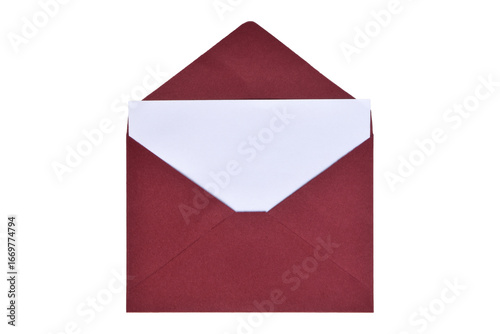 Opened red paper envelope with paper sheet isolated on white background