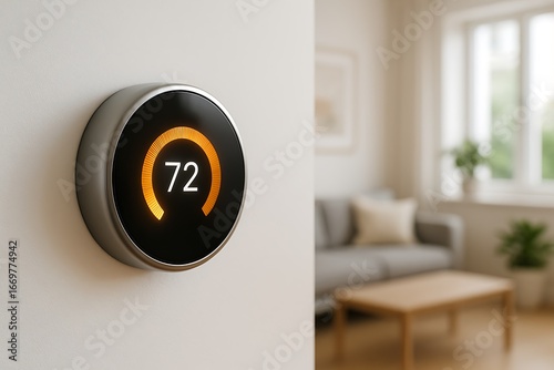 Smart home thermostat displaying 72 degrees fahrenheit