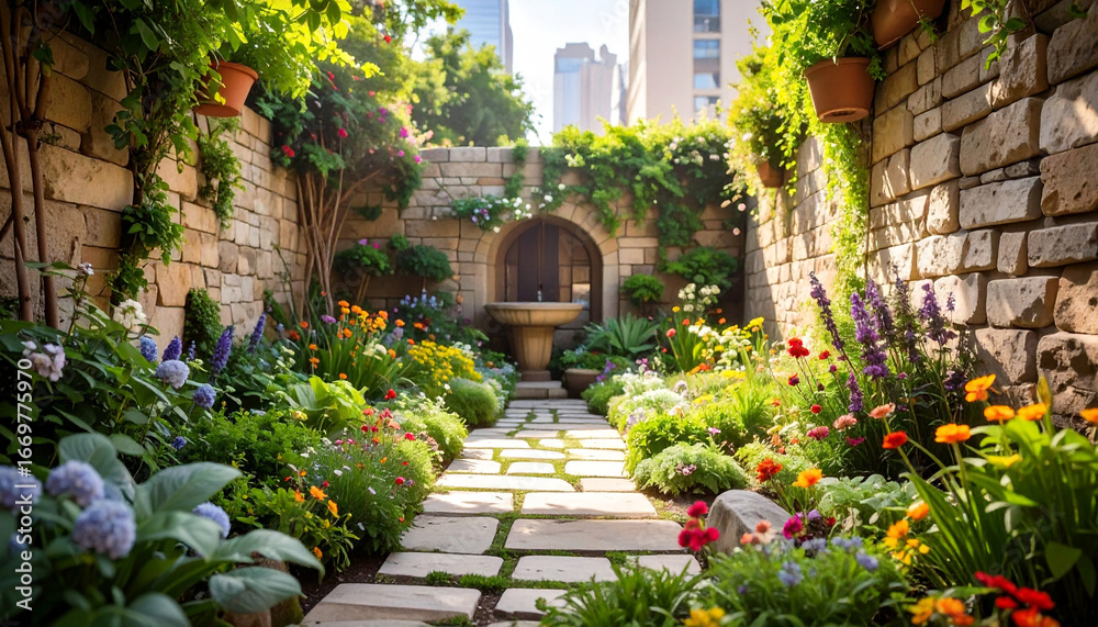 Fototapeta premium Serene Garden Path with Stone Fountain and Flowers.