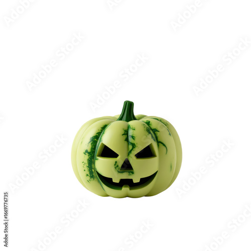 A green jack o' lantern with a carved face, sitting against a transparent background with visible texture. Ideal for festive Halloween themes.