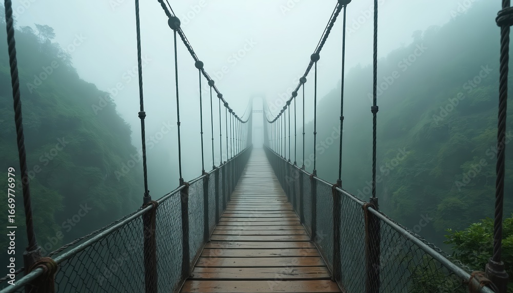 Obraz premium Suspension footbridge crosses misty abyss, shrouded in fog. Wooden planks wet, offering path over chasm between green, tree-covered cliffs. High altitude trail evokes challenge, adventure.
